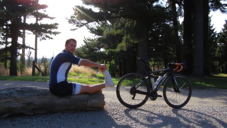 stretch at trailheads while cycling